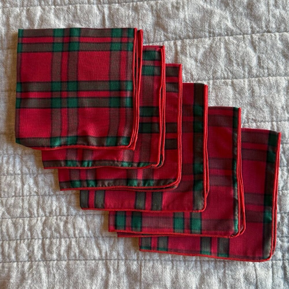 6 Christmas Plaid Cloth Cocktail Napkins